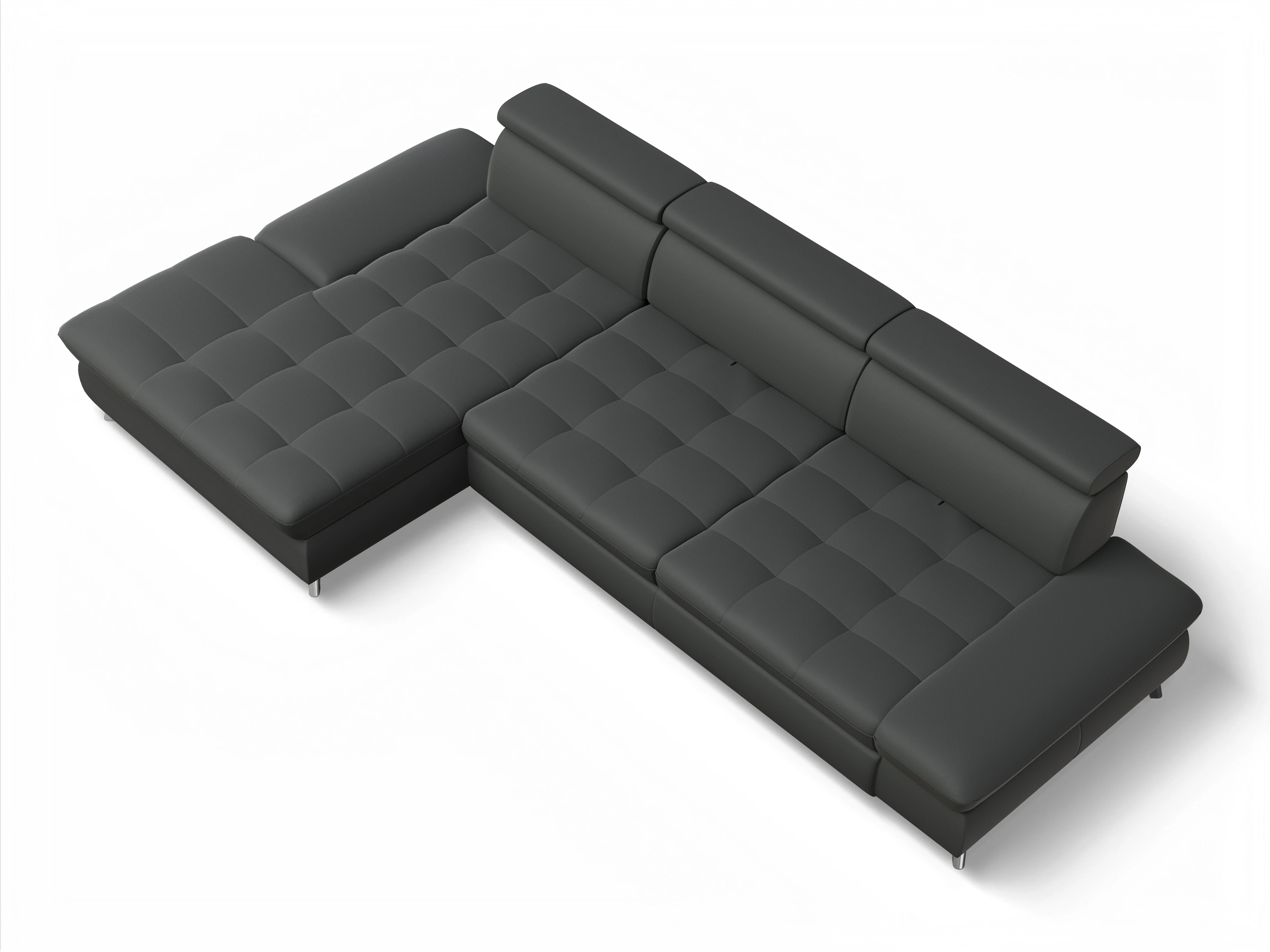 Ansicht des Produktes Memphis Stoff Ecksofa links Abschluss offen in Leder Grau
