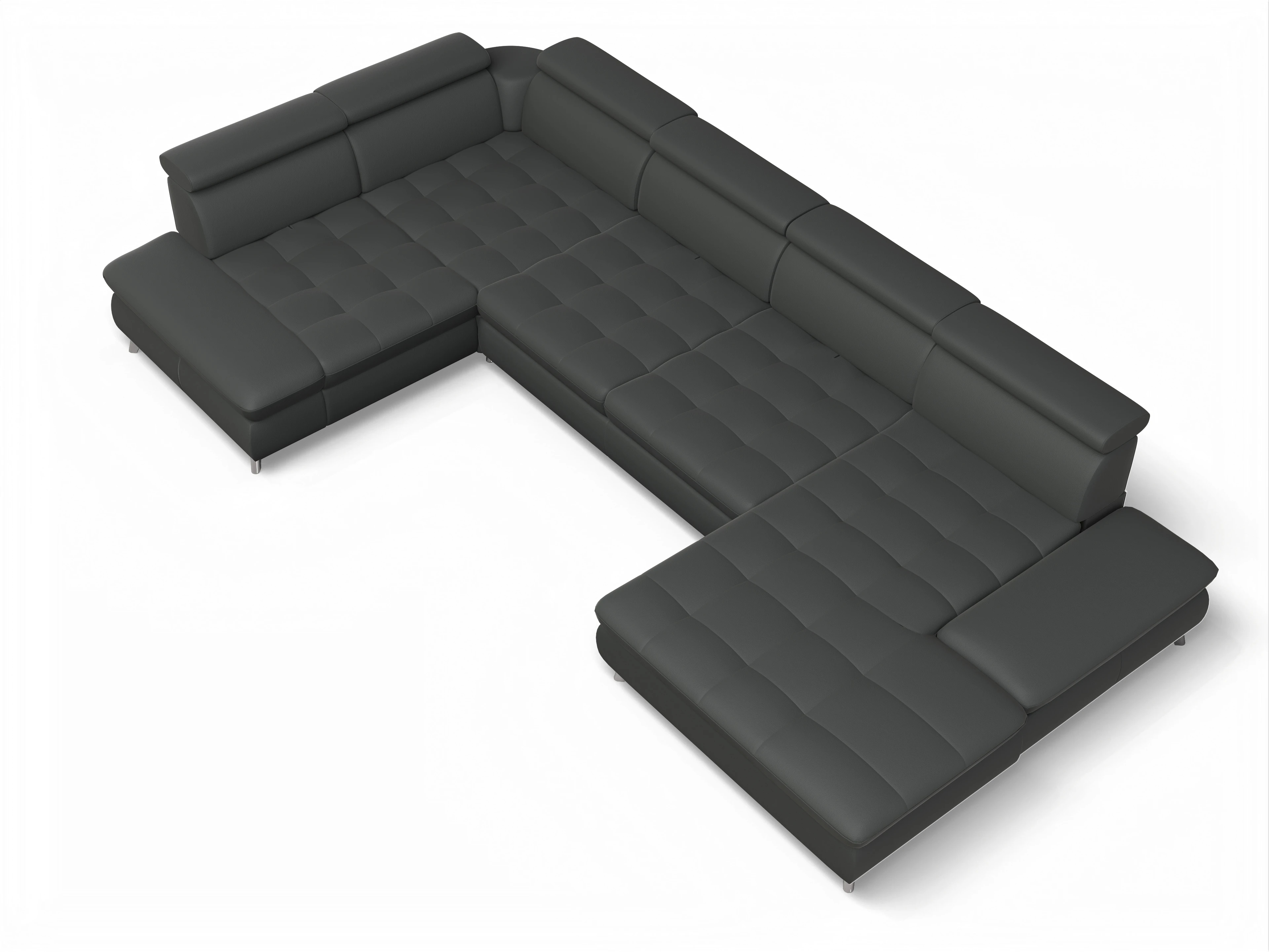 Ansicht des Produktes Memphis Stoff Wohnlandschaft Armlehne links Abschluss offen rechts in Leder Grau