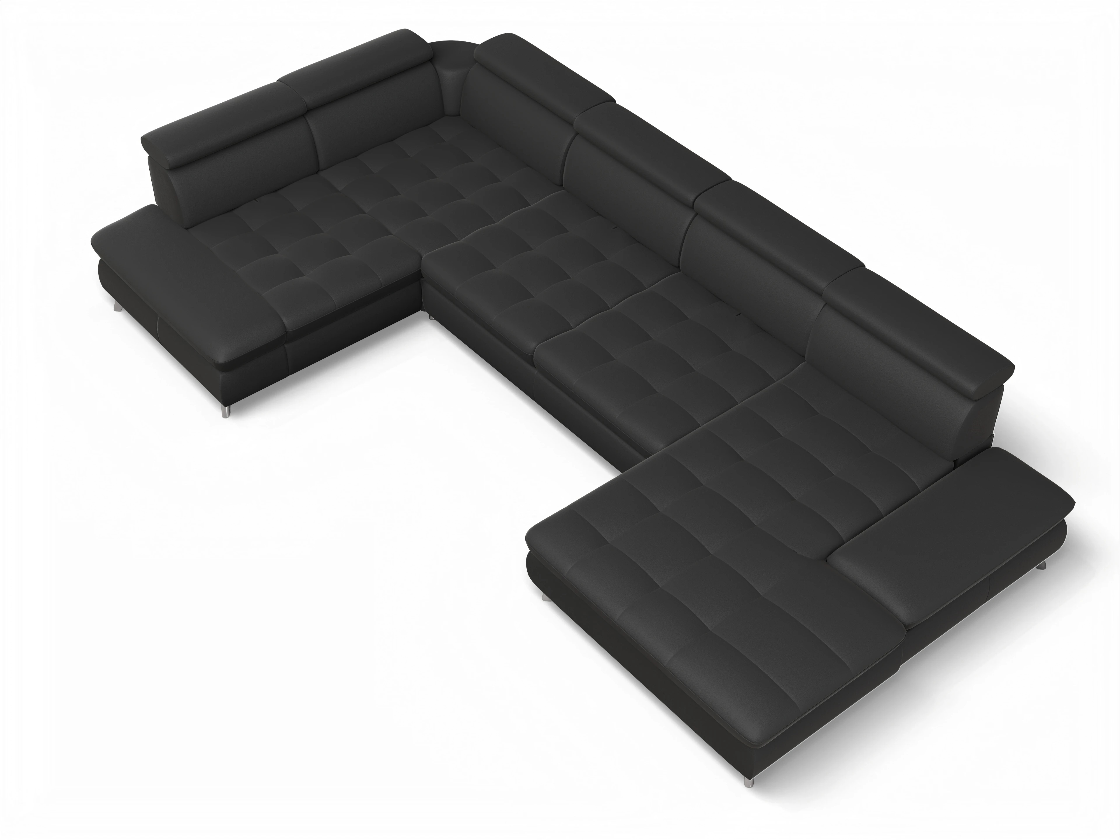 Ansicht des Produktes Memphis Stoff Wohnlandschaft Armlehne links Abschluss offen rechts in Leder Schwarz
