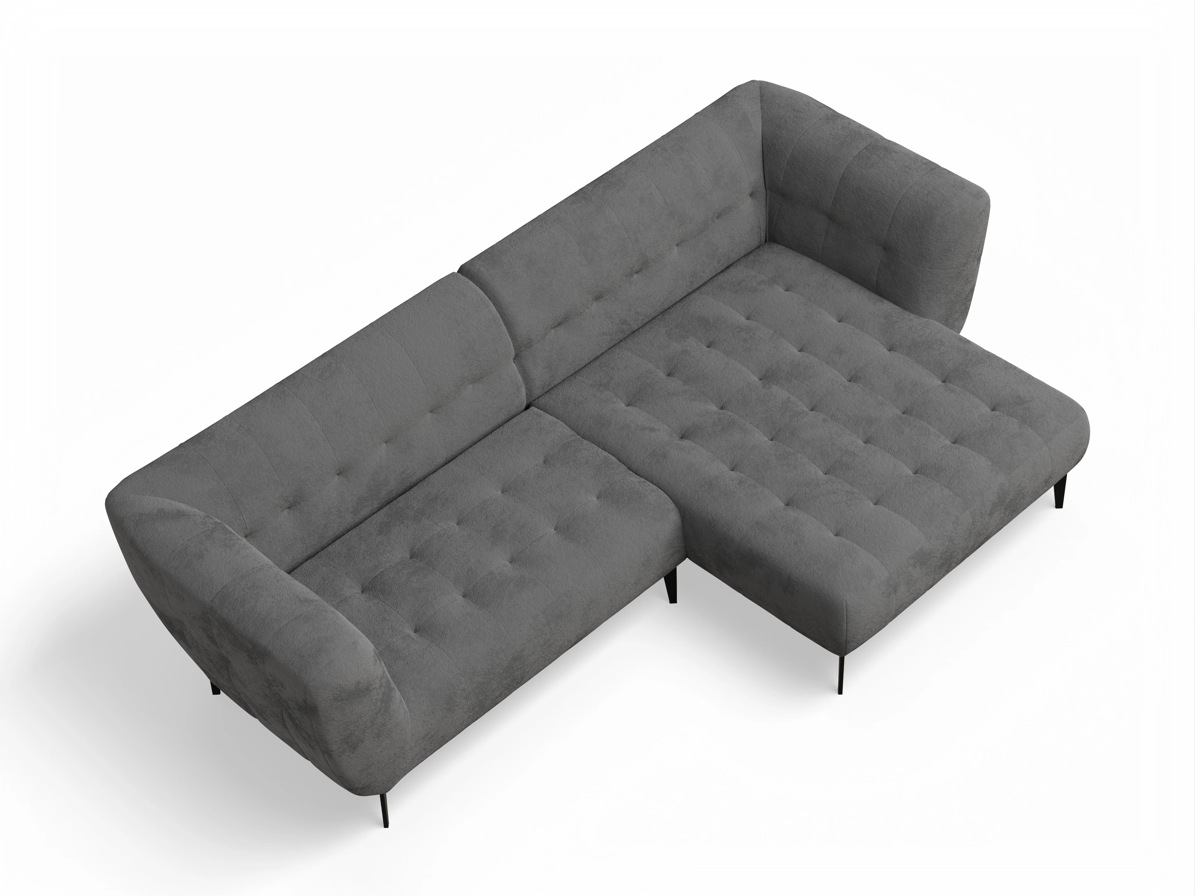 Vera Ecksofa mit Longchair rechts Ansicht des Produktes Vera Ecksofa rechts Abschluss offen in Stoff Grau